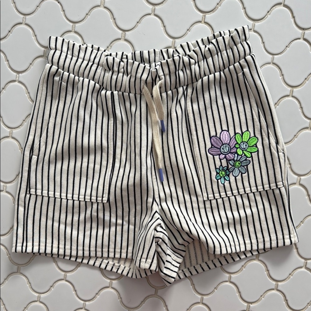 High Waist Black and White Striped Shorts with Elastic Waistband
